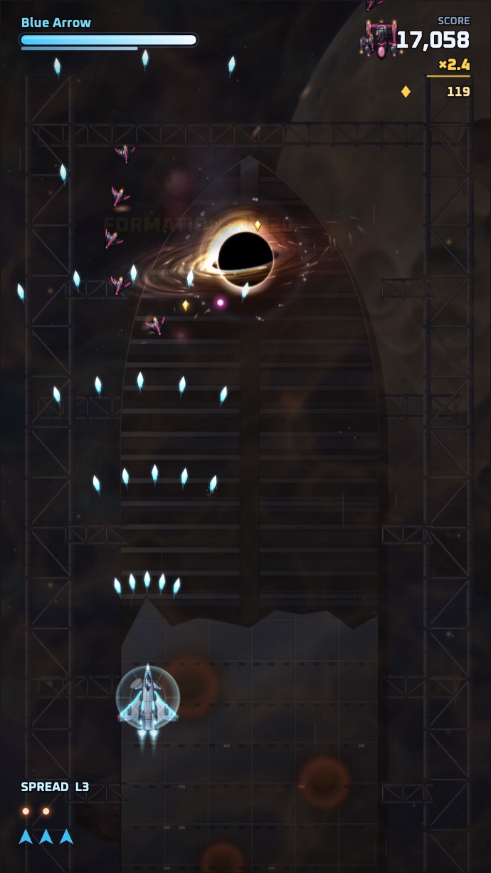 Blue Arrow's Starlance firing spread shots below a black hole in Mission 1