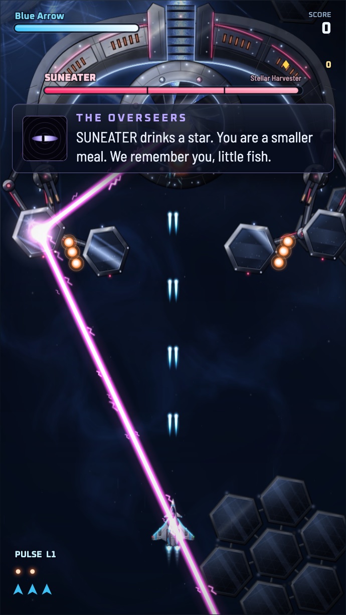 The SUNEATER harvester firing pink lasers while the Overseers taunt over the radio