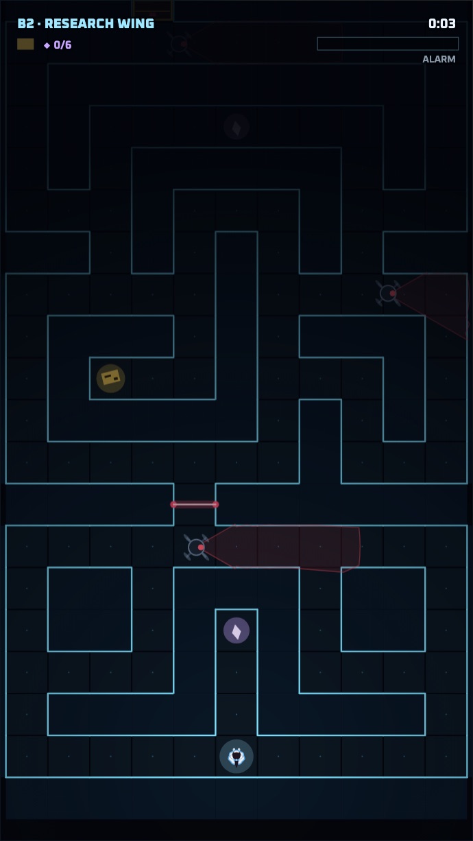 Echo: a dark facility floor outlined by an echo, with drones and their red vision cones