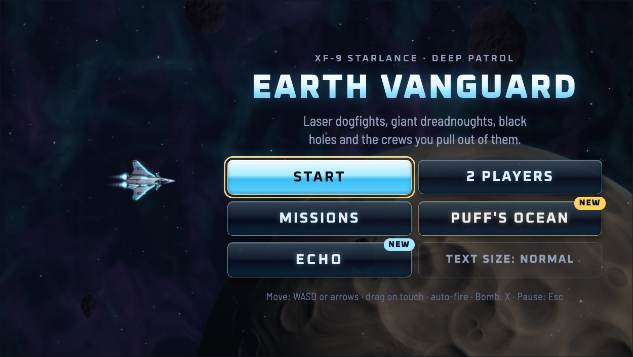 Earth Vanguard title screen with Start, 2 Players, Missions, Puff's Ocean and Echo buttons